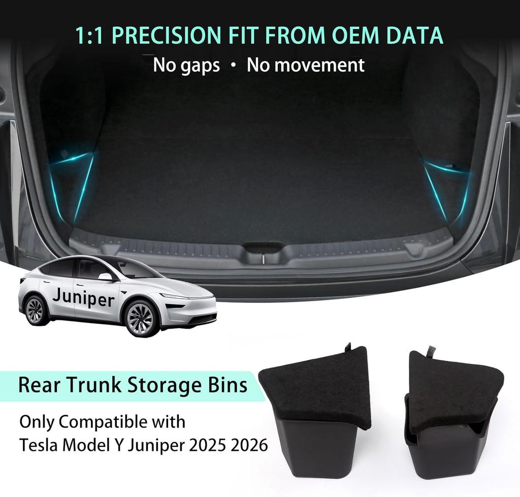 For Tesla Model Y Juniper 2025 Rear Trunk Side Storage Box Cargo Organizer TPE Bin Box Flocking Mat Partition Board Accessories