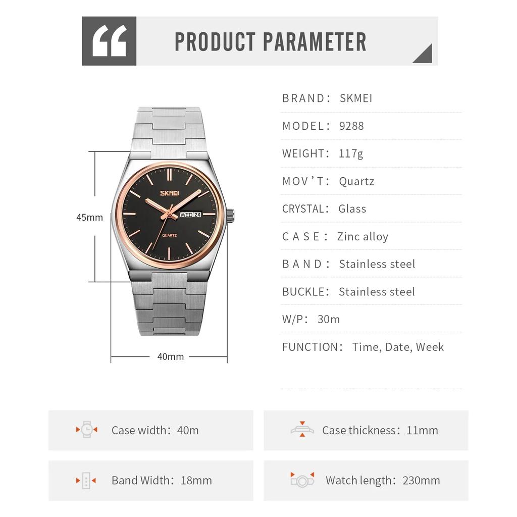 SKMEI 9288 Man Reloj Hombre Casual Quartz Clock Male Full Steel Time Week Sports Watch Mens Waterproof Business Wristwatches