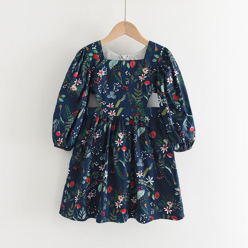 Girls Floral Maxi Dress Spring Autumn Long Sleeve Square Neck Lantern Sleeve Cutout Waist 100cm темно-синий