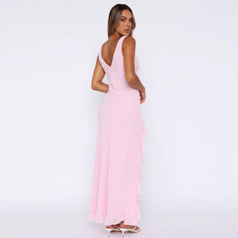 Women's Pink Ruffled Maxi Dress V Neck Sleeveless Long Summer Dress Backless Elegant Beach Party Dress