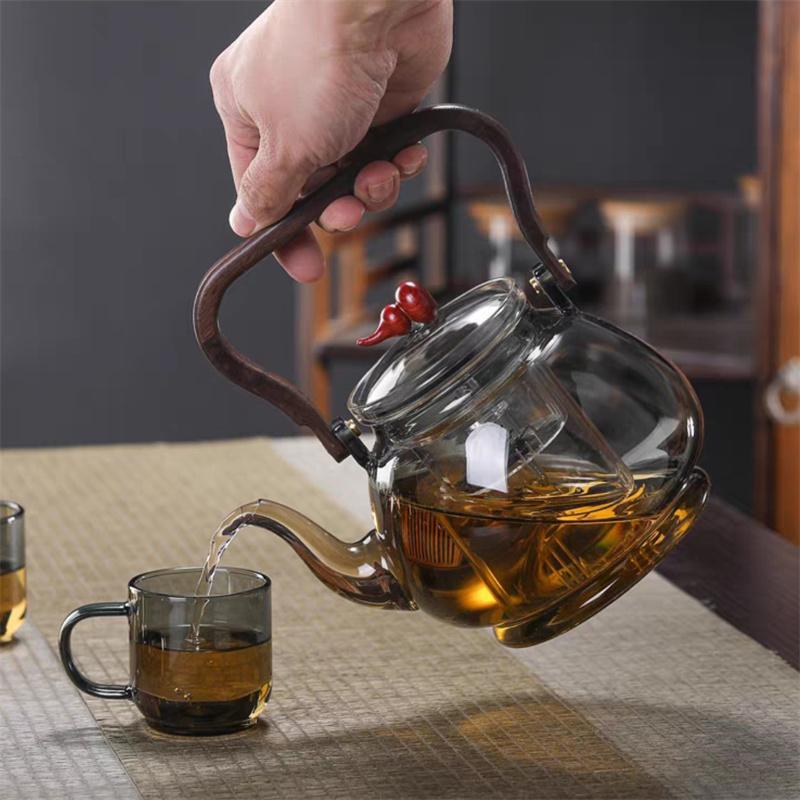 Large Capacity 1000ml Steaming and Boiling Heat-resistant Glass Teapots With Infuser Filter Wooden Handle Lifting Beam Tea Pot