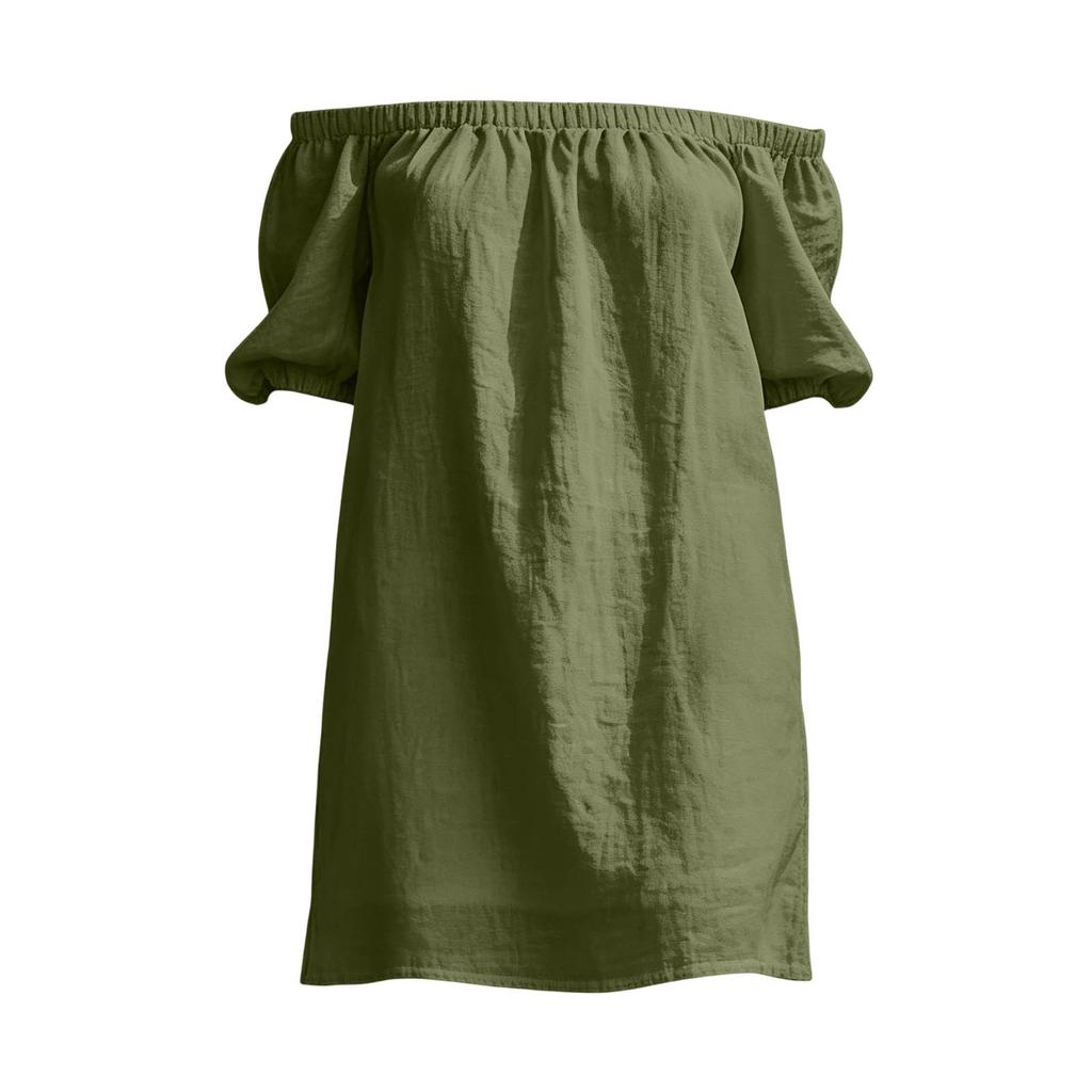 Damen Schulterfreies Kurzarm Lockeres Baumwoll-Leinen-Kleid Lässiges Pullover-Design mit Entspanntem und Bequemem Stoff