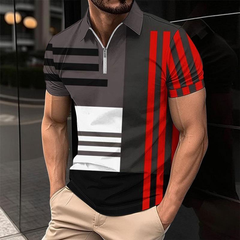 Plus Size Men's Clothing Striped Polos T-Shirts Summer Short Sleeve 3d Printed Streetwear Male Zippers POLO Tee Casual Tops