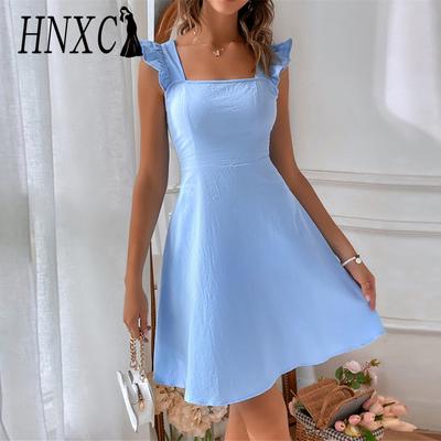 Women's Fashion Summer Spring Solid Color Print Sleeveless Square Collar High Waist Casual Dresses