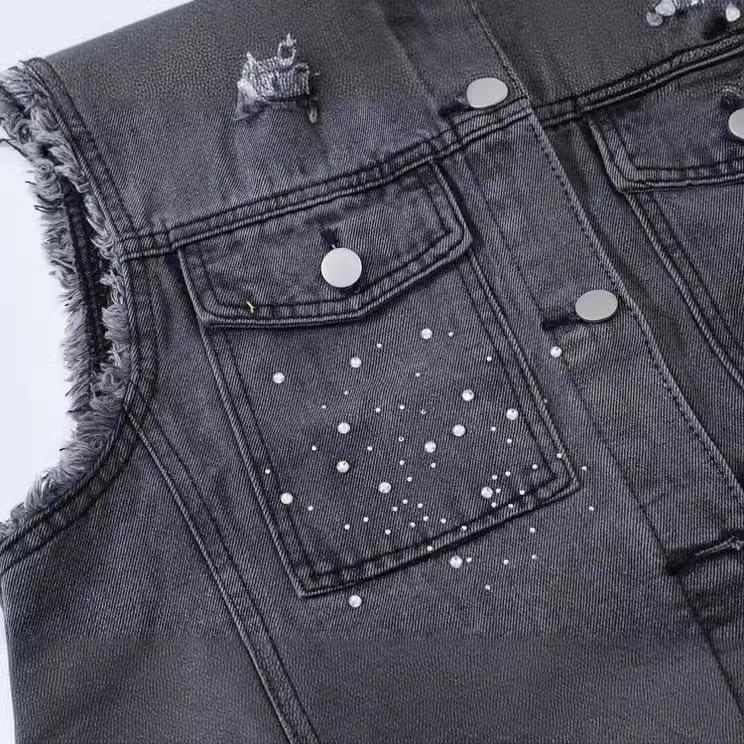 Large Size Denim Vest for Women Mid-length Spring and Autumn Korean Style Loose Retro Casual Vest with Holes Sleeveless Waistcoat