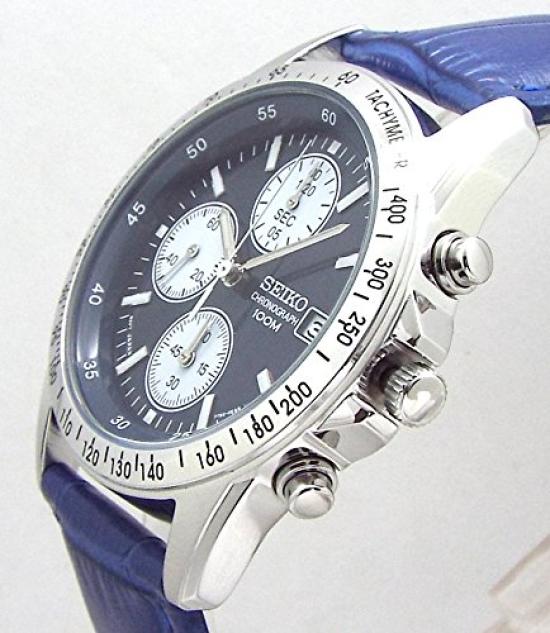 SEIKO Chronograph Watch with Genuine Leather Navy Officially Distributed in Japan by Seiko Strap, Blue, SND365P1-BL