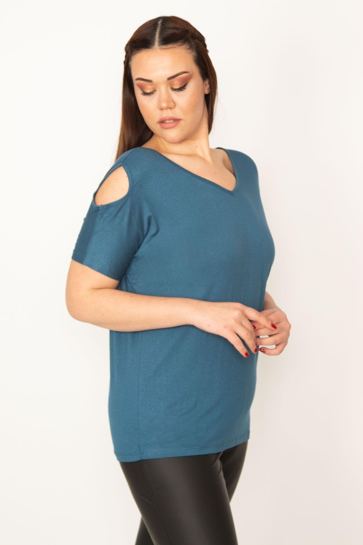 

Women s Big Size Blouse Plus Size Petrol Shoulder Low-cut Viscose Blouse 2XL