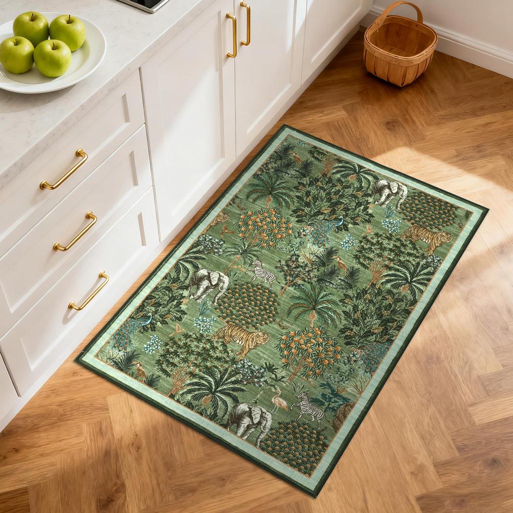 Tappeto per Area con Stampa Animali della Giungla, Design Tigre Elefante Zebra Safari, Tappetino Antiscivolo per Camera dei Bambini, Asilo Nido, Arredamento Casa