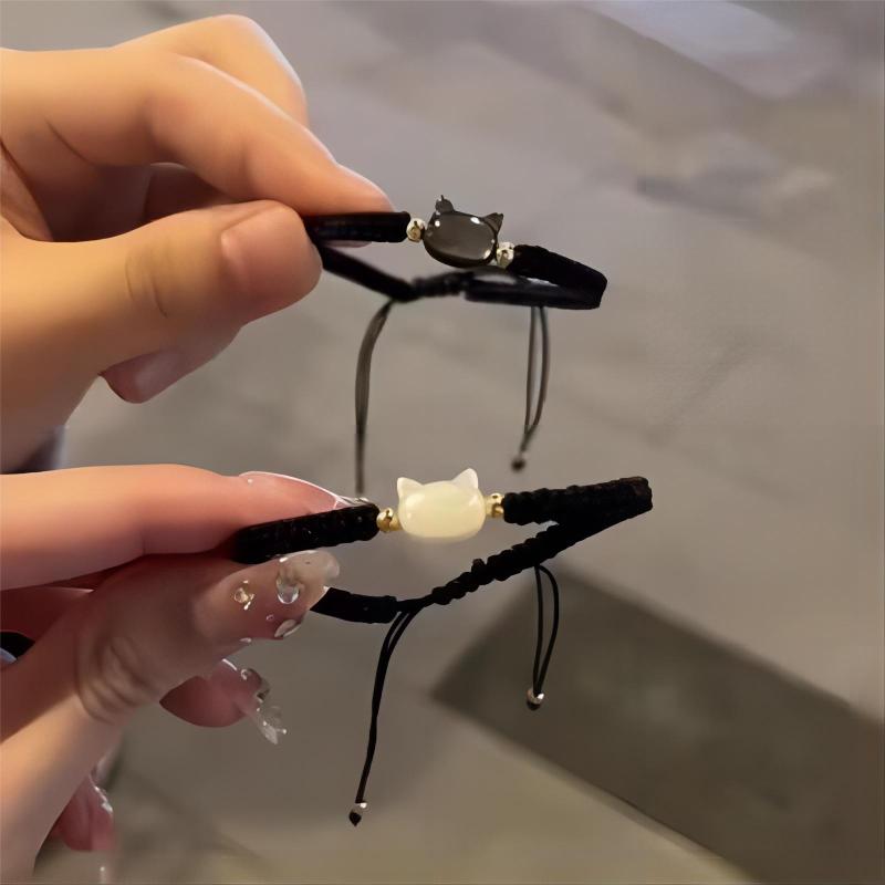 

Браслеты из натурального лунного камня с обсидианом, минималистичный браслет-непоседа, ручной работы, милый черный, белый браслет с котом, аксессуары для вечеринок