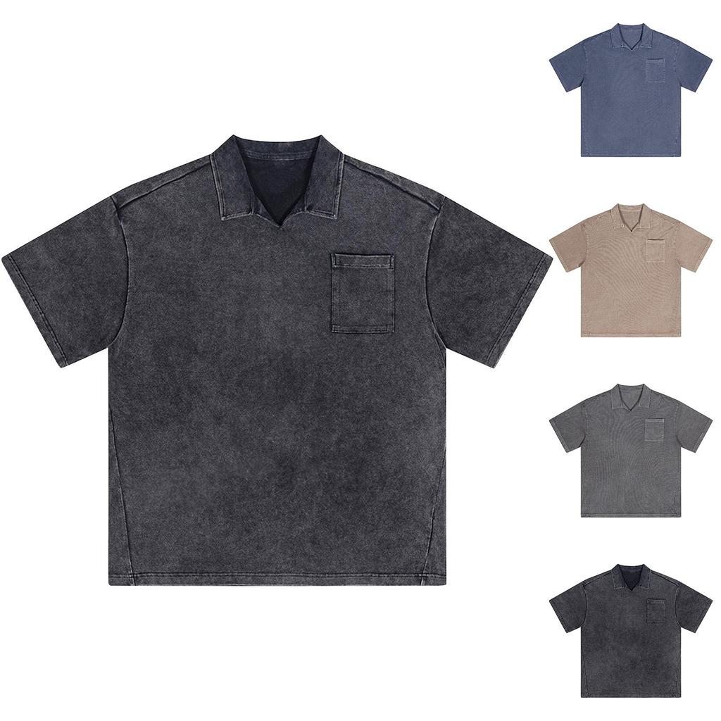 Men's Summer Solid Color Buttonless Lapel Loose Short Sleeve Top