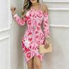 Women Plus Size Asymmetric Cold Shoulder Long Sleeve Lip And Love Letter Print Irregular Cut Bodycon Midi Dress