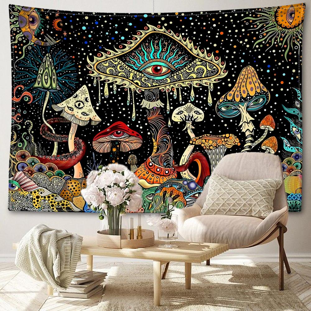 Starry Sky Eyes Mushroom Tapestry Wall Hanging Mysterious Witchcraft Art Hippie Tapitz Living Room Bedroom Home Decor