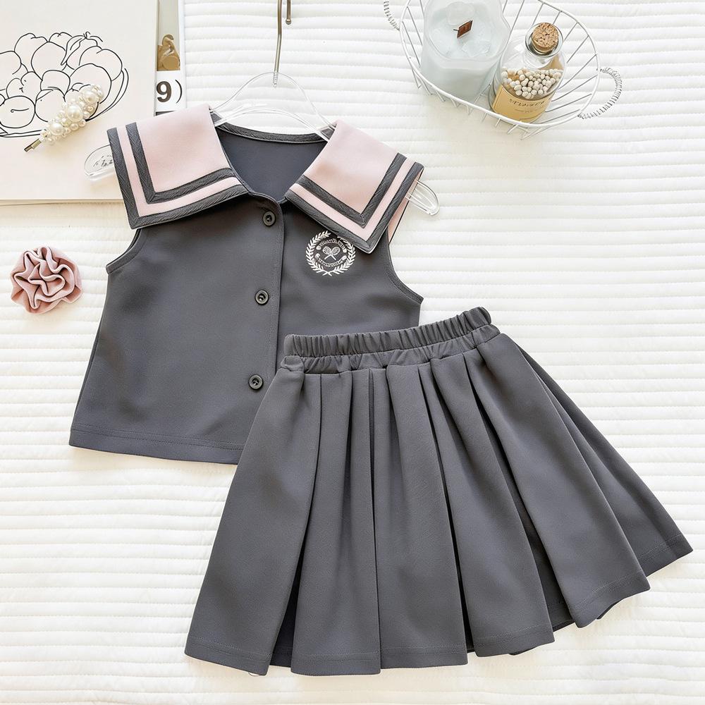 Girls Navy Collar Sleeveless Top & Pleated Skirt Set - Summer 2026 Trendy 140cm