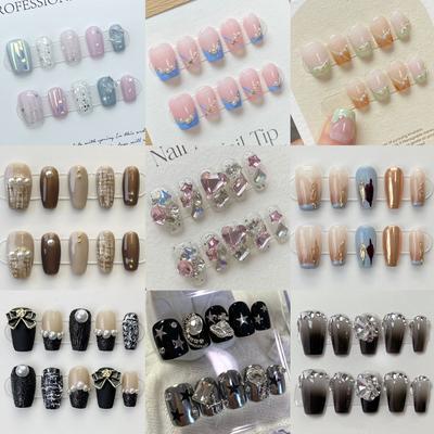 HANDGEMACHT Trapezförmige Sargform Künstlicher Nagel Nackt Lila Stern Diamant Pailletten Perlglanz Schmetterling Laser cool süße sanfte Perlennägel Wiederverwendbar
