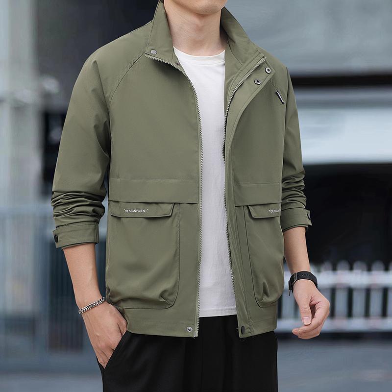 Stand Collar Work Jacket for Men's Trendy Slightly Loose Waterproof Windproof Jacket for Young Work Jacket