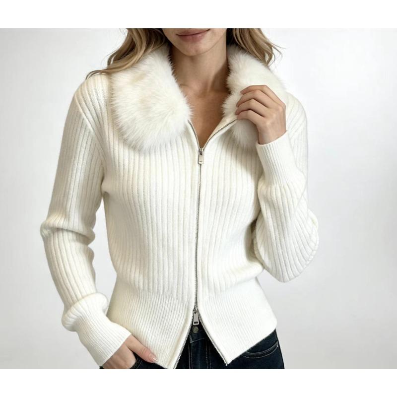 Suéter Cárdigan de Punto Holgado para Mujer con Cuello de Piel