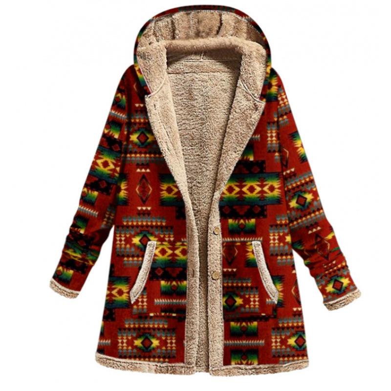 Jacket series casual printing cotton and linen printing plush inner hooded zipper women's clothing new