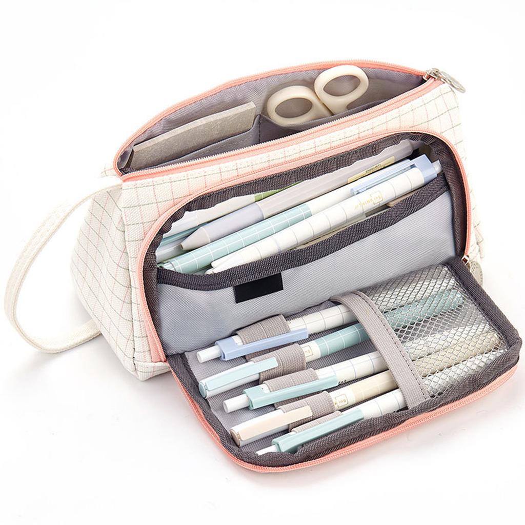 Cute Pencil Box Bag Big Storage Canvas Pencil Case with Pen Slot Mesh Pocket Stationery Organizer Makeup Brush Tool Pouch Gift for Student Children