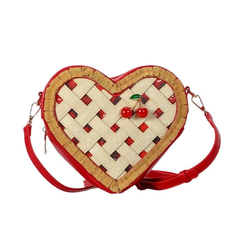 Cartoon Heart Shaped Shoulder Bag PU Leather Bag Cherry Decor Cream Cake Box Bag Cute Crossbody Handbag for Women Girls