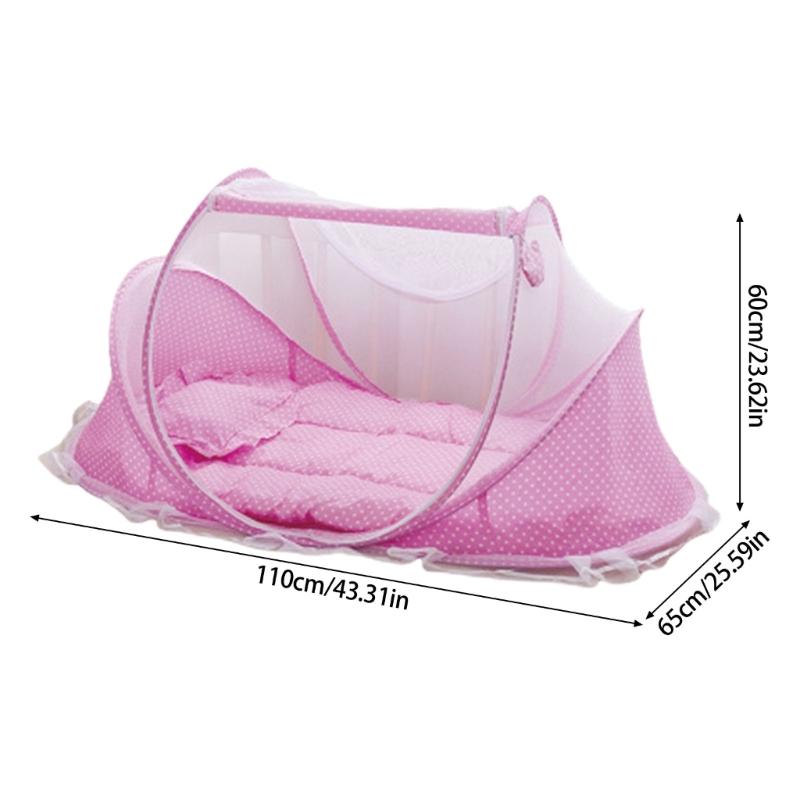 Breathable Fly Proof Baby Bed Net Foldable Compact with 3cm Sleeping Pad and Cotton Pillow for Newborns Safety