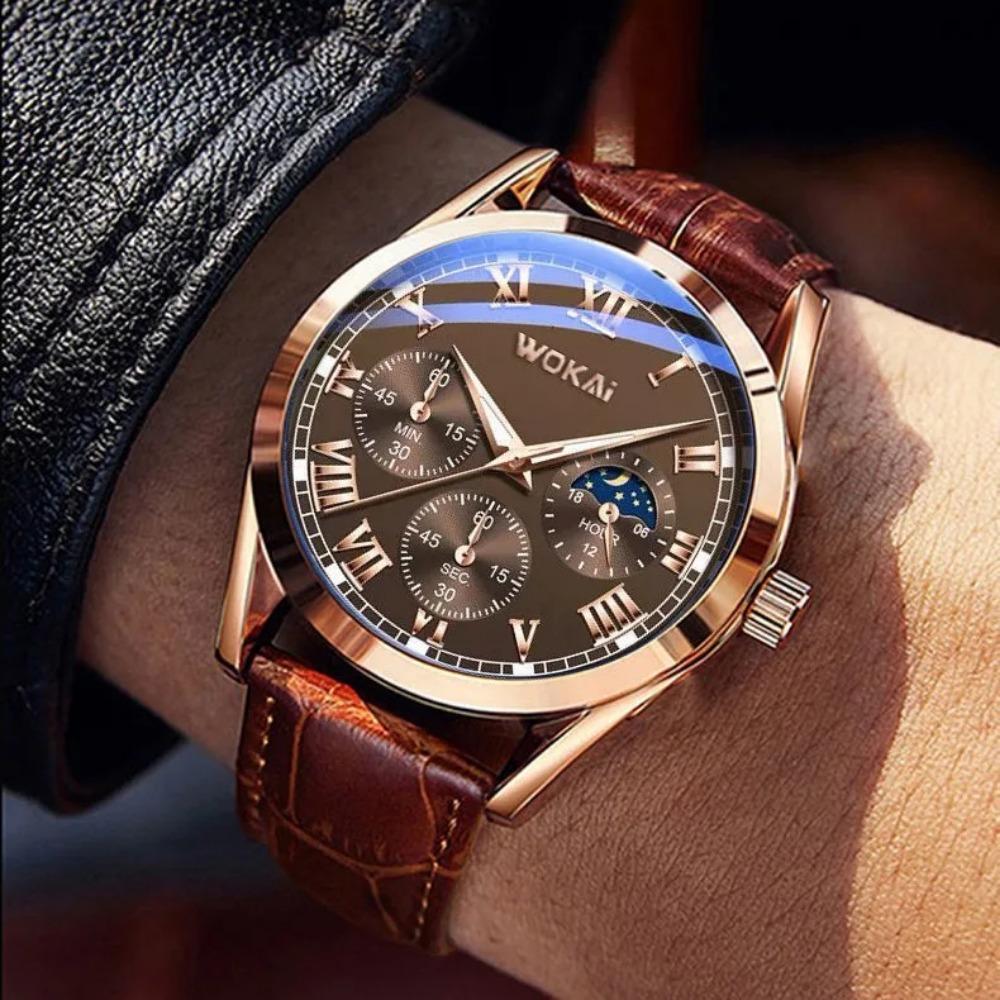 Orologio al Quarzo Moda Business con Quadrante Romano a Tre Occhi e Cinturino in Bambù