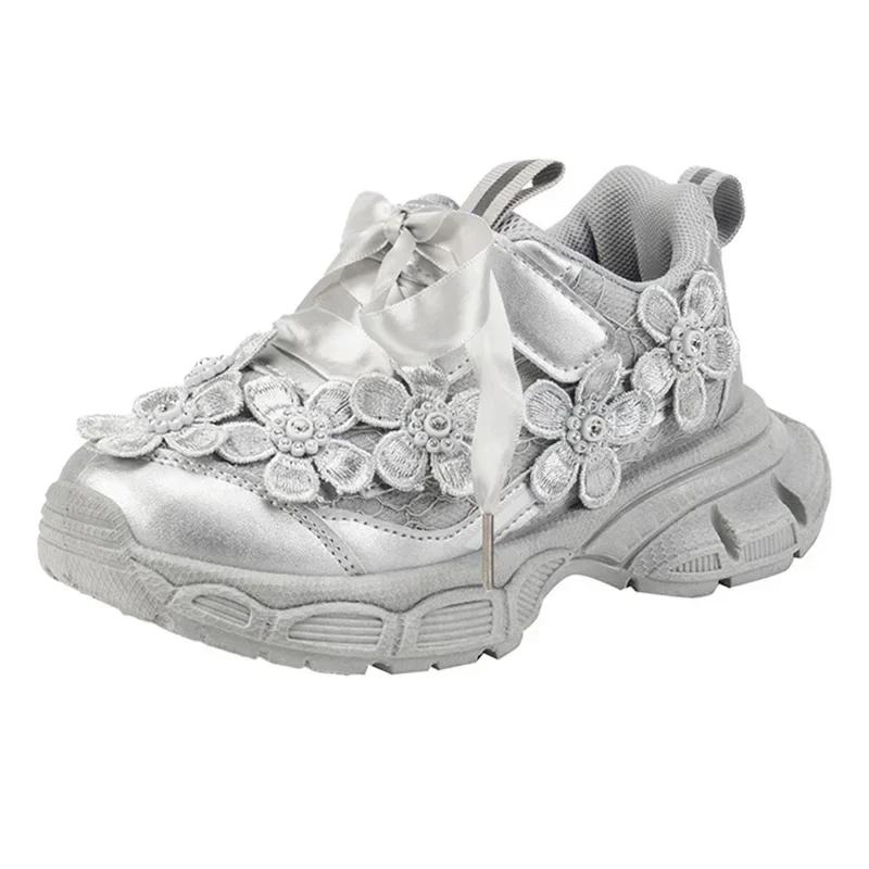 Fashion Lace Flower Girls' Casual Sports Shoes 2024 Autumn New Children's Soft Soled Running Shoes Kids Sneakers