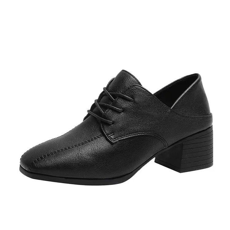Coarse heel British style small leather shoes autumn new square head retro college style student lace-up medium heel single shoes