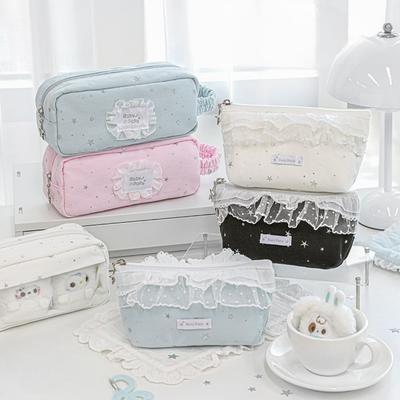 INS Lace Pencil Case Kawaii Star Pattern Pen Bag Large Capacity Makeup Organizer with Ruffle Handle for Student School Office