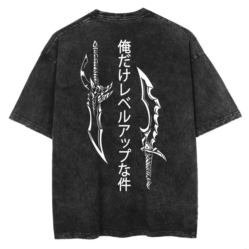 Hot Summer Anime Solo Leveling Sung Jin Woo Print T-shirt Women High Quality Washed Cotton T-shirts Harajuku Plus Size T Shirt