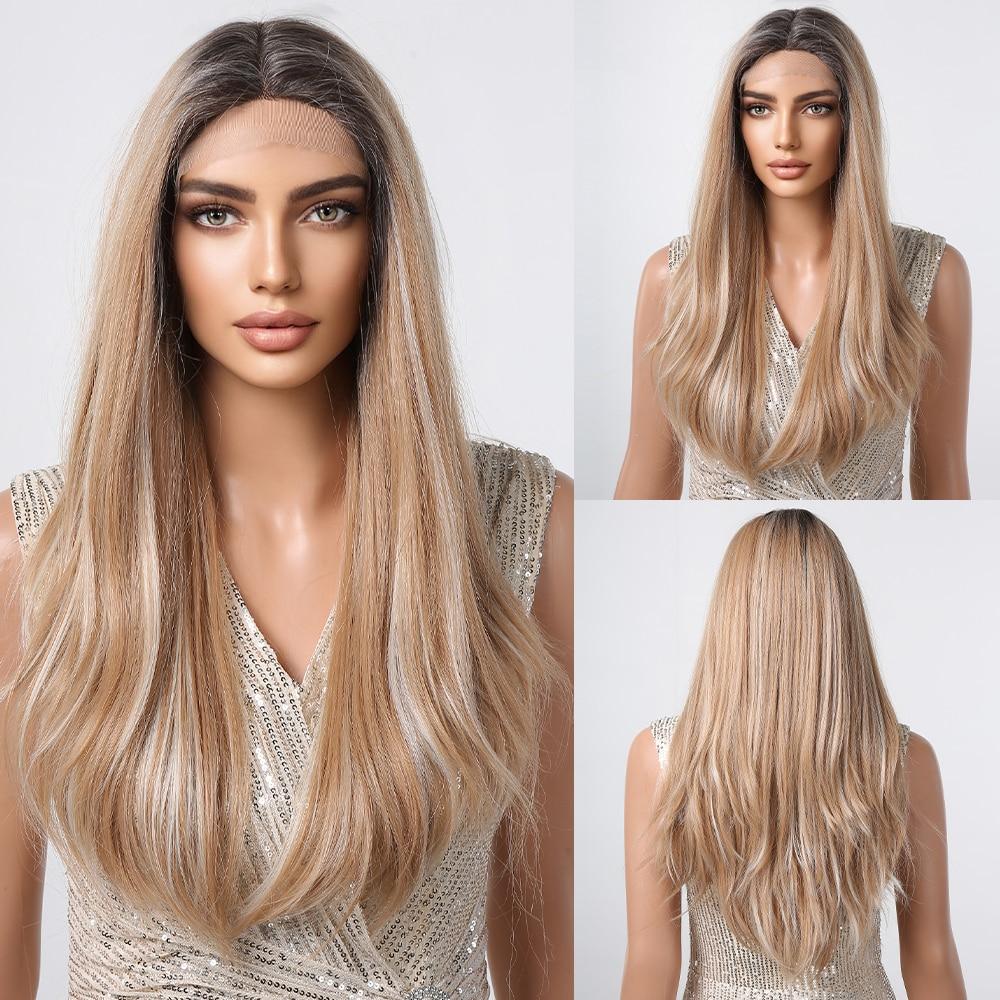 LOUIS FERRE Brown Blonde Ombre Synthetic Lace Front Wig Long Straight Fake Hair Wig for Women Daily Cosplay Lace Wig With Bangs