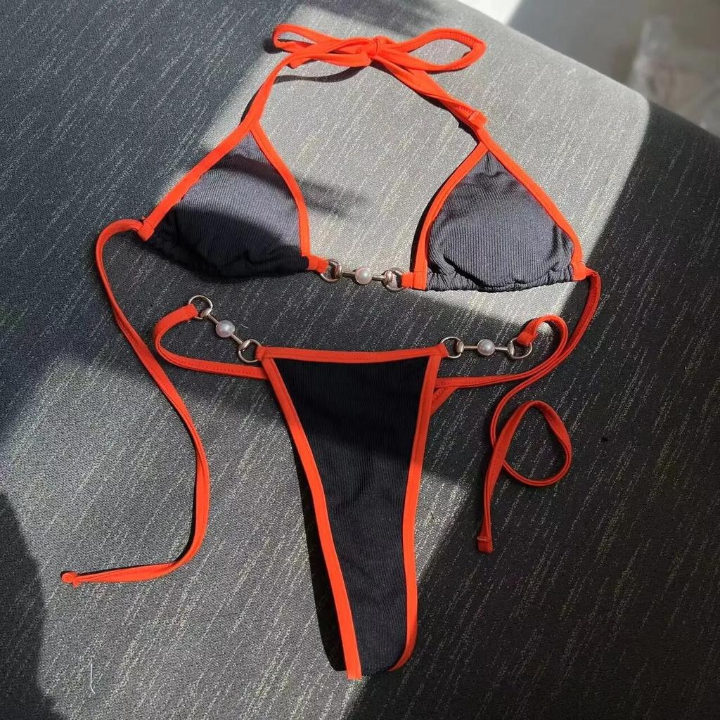 Sexig Ribbad Bikini Set Micro Bikinis 2024 New Chain Baddräkt Dam Badkläder Brasiliansk Baddräkt Biquini Vit Orange