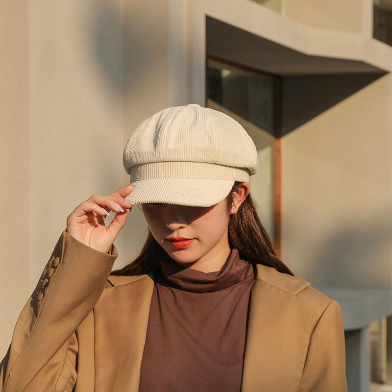 Chapéus de veludo cotelê para mulheres chapéu octogonal coreano vintage boina de lazer literária boné elegante simples chapéu de pintor quente moda