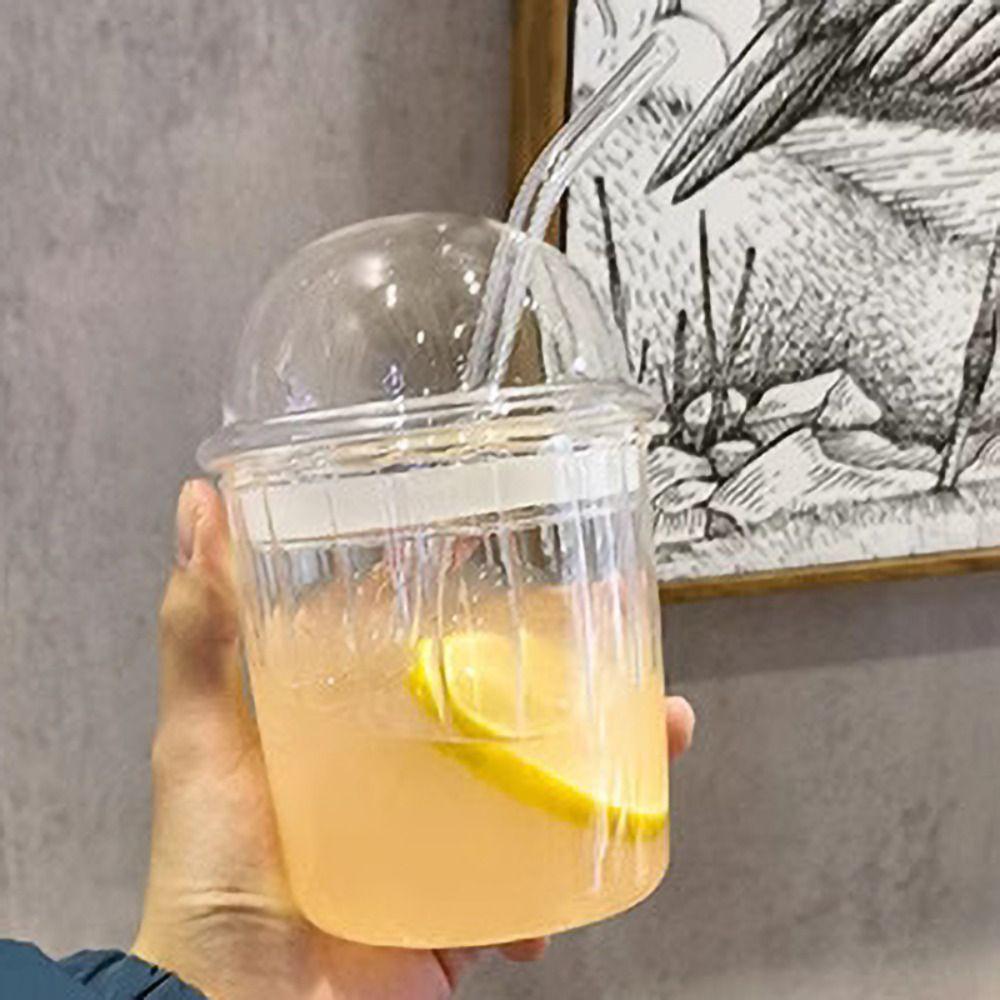 Clear Glass Straw Cup Dome Lid Drinking Cup Drinkware Milk Tea Cup  Coffee