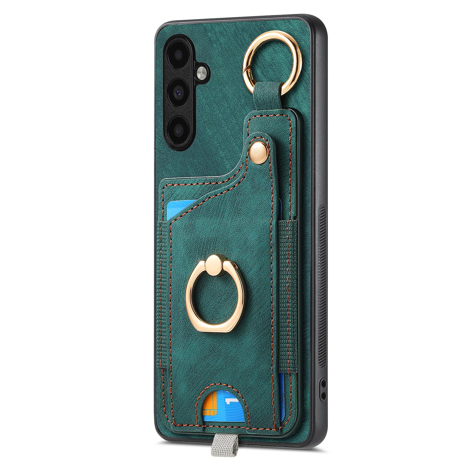

D6 For Samsung Galaxy A55 5G Case Card Holder Leather+TPU Phone Back Cover with Ring Kickstand Green