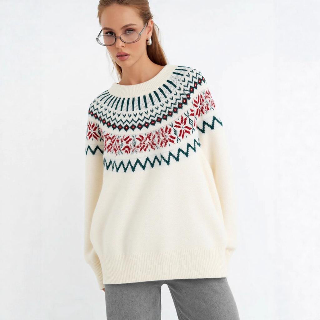 Vintage Jacquard Christmas Red Fair Island Sweater Women's Pullover Loose Autumn and Winter Lazy Knitted Sweater Women's Versatile