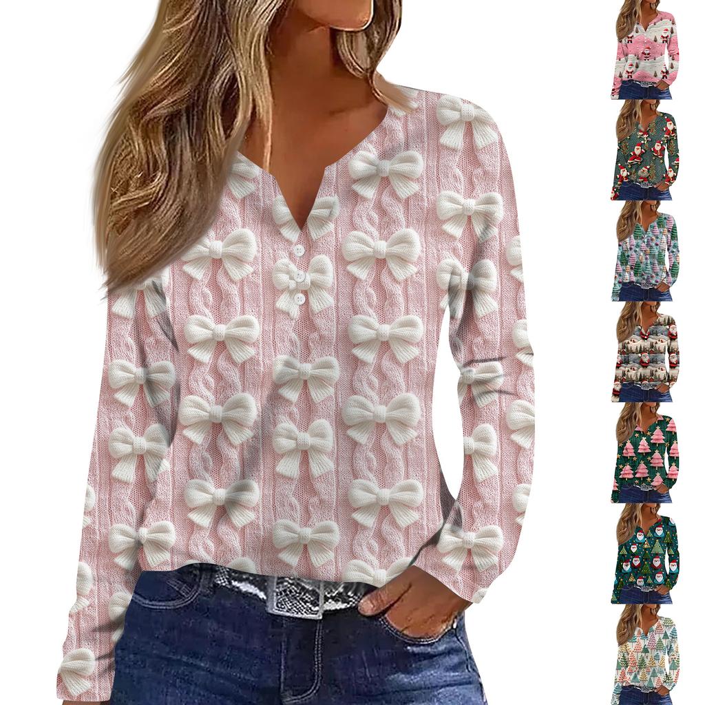 Women's Fashion Casual V-Neck Button-Up Long-Sleeve T-Shirt With Christmas Print Top