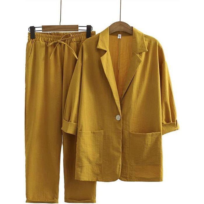 Completo Tuta Pantaloni in Lino Larghi con Vita Elastica e Giacca Sette Maniche Sud-Est Asiatico Taglie Forti