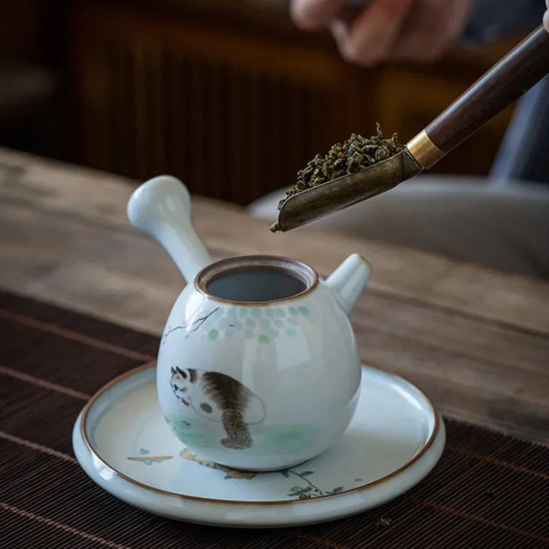 230ml Chinese Ru Kiln Side Handle Teapots Handmade Cute Cat Pattern Ceramic Kettle Travel Portable Filter Tea Pot Home Tea Set