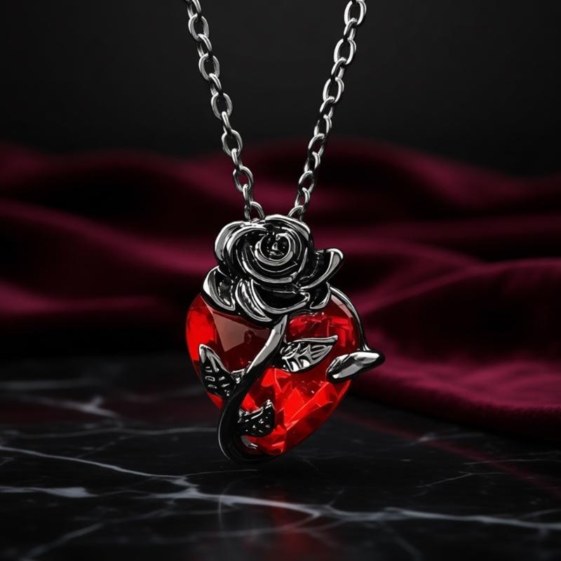 Dark Romance Heart Rose Necklace Gothic Alloy Chain For Women Unique Fashion Jewelry
