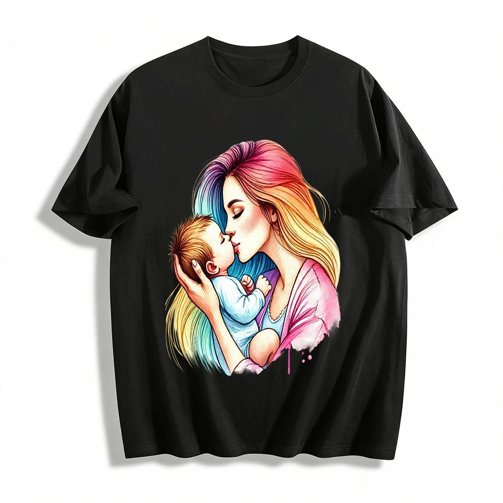 Mother And Baby Kissing Print Casual Top Warm Love Themed Tee Pure cotton T-shirt XXS