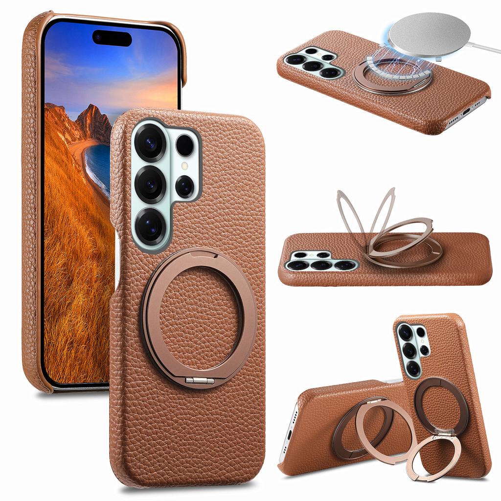 360 Rotating Magnetic Kickstand Lychee Grain Leather Phone Case For Samsung S26 Ultra S25 S24 Plus S23 S22 A17 A07 A57 A37 Cover