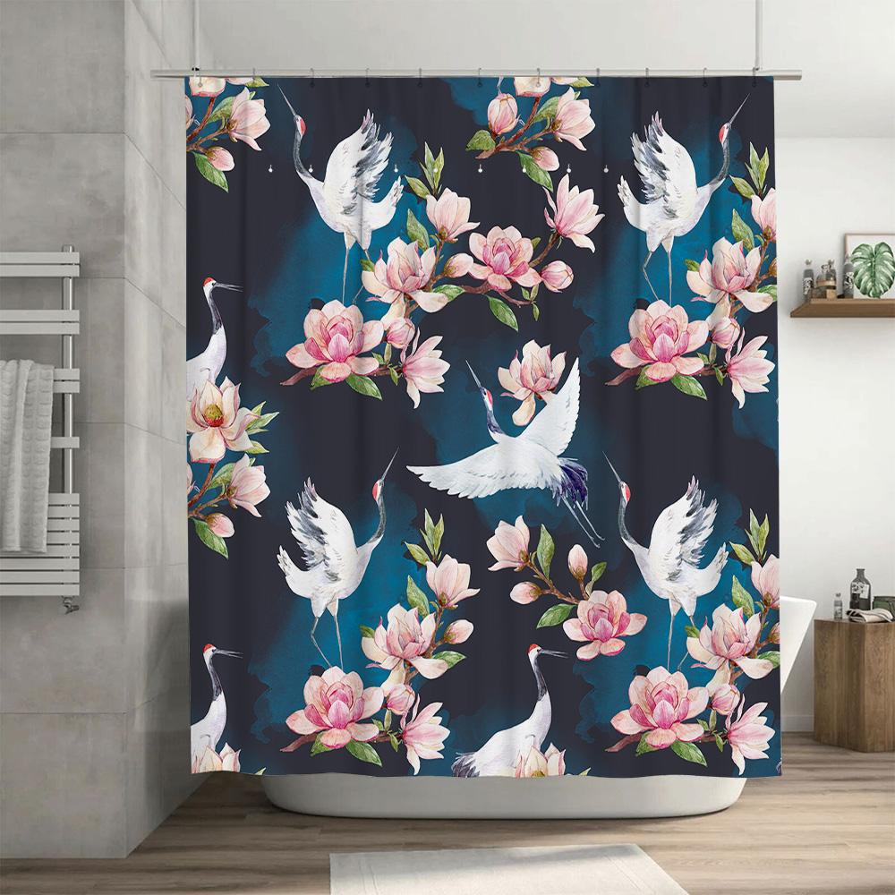 Tenda da Doccia Lussuosa con Stampa Floreale e Gru Sfondo Blu Navy con Fiori e Uccelli per Decorazione Bagno