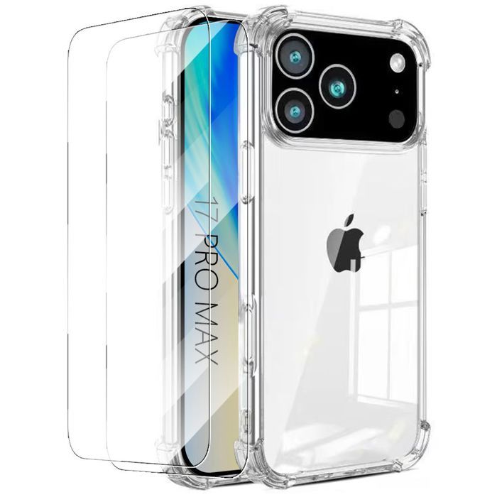 Protective Case - BOOLING - for iPhone 17 Pro Max - Transparent Silicone - Reinforced Corners - 2 Tempered Glass