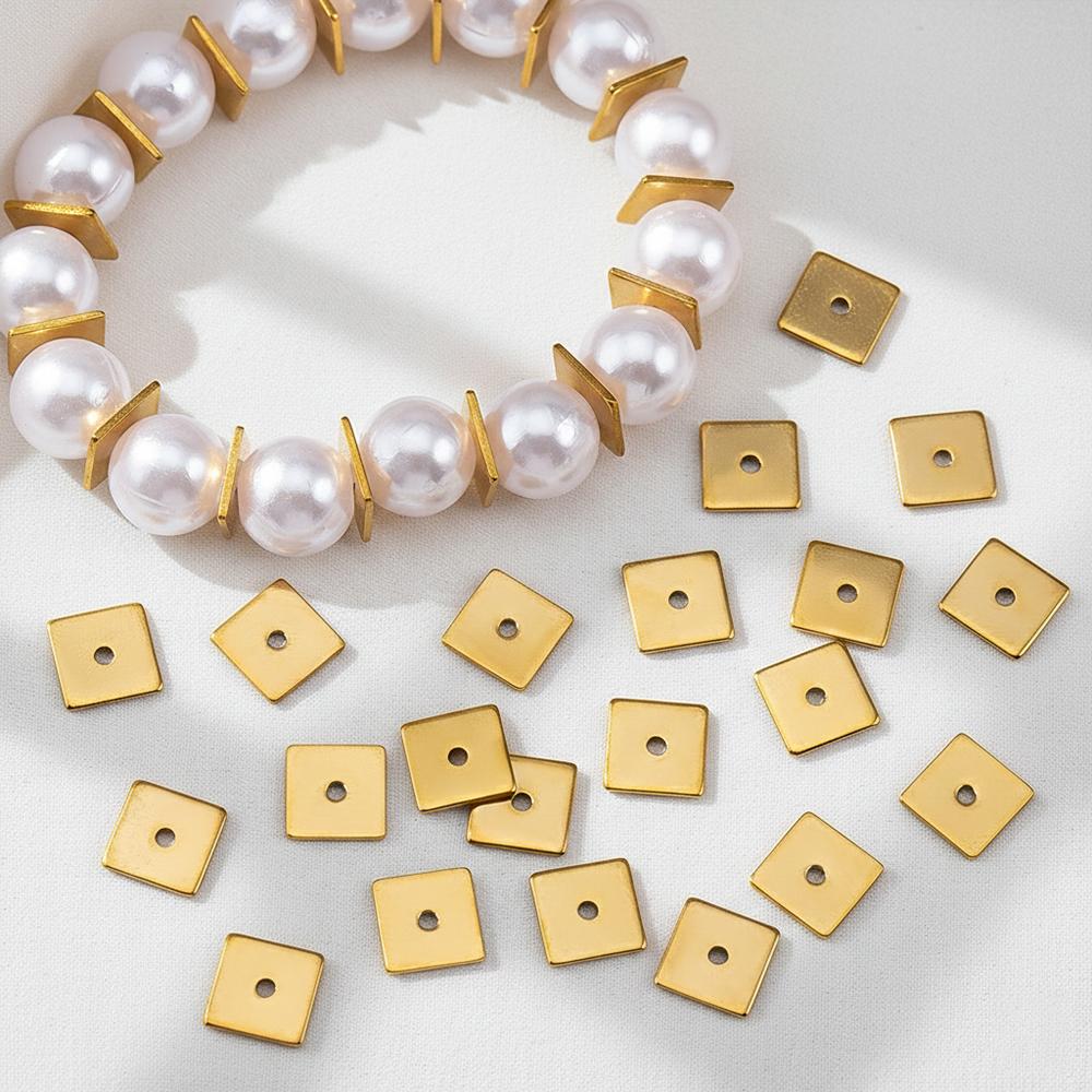25pcs 50pcs 8mm Stainless Steel Square Flat Spacer Beads Loose Beads Hole 1.3mm Gold Color Bead for Jewelry Making DIY Wholesale