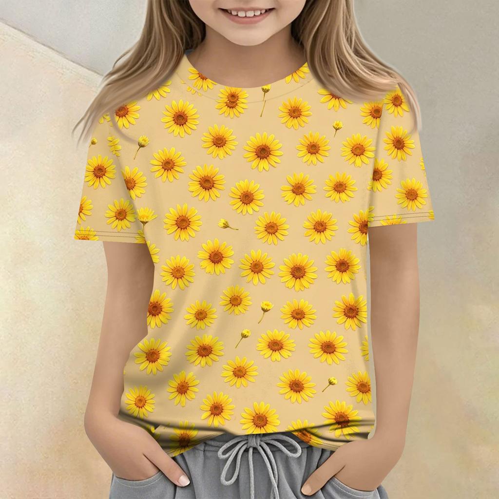 Kinder Blumenprint Rundhals Kurzarm Lässiges Lockeres T-Shirt Oberteil Geeignet für Tägliches Tragen und Outdoor-Aktivitäten