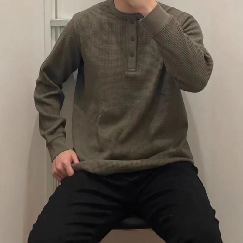 Men Women Long Sleeve Pullover T Shirt Waffle Knit Henley Neck