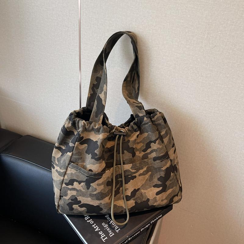 

Camouflage Canvas Tote Bags For Women High Quality Drawstring Bucket Shoulder Bag Multi-pocket Large Capacity Shopper Totes 2026 40x31x15cm камуфляж зеленый