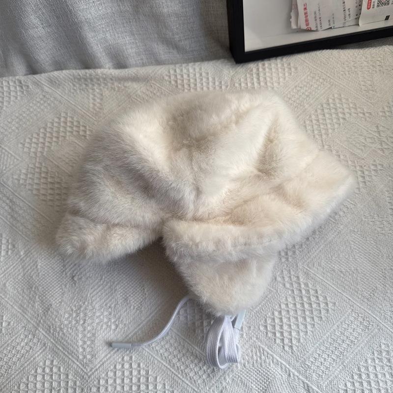 Women Winter Korean Version White Plush Ear Bucket Hat Cycling Cold-Proof Bomber Hat Keep Warm Plush Thickened Bucket Hat