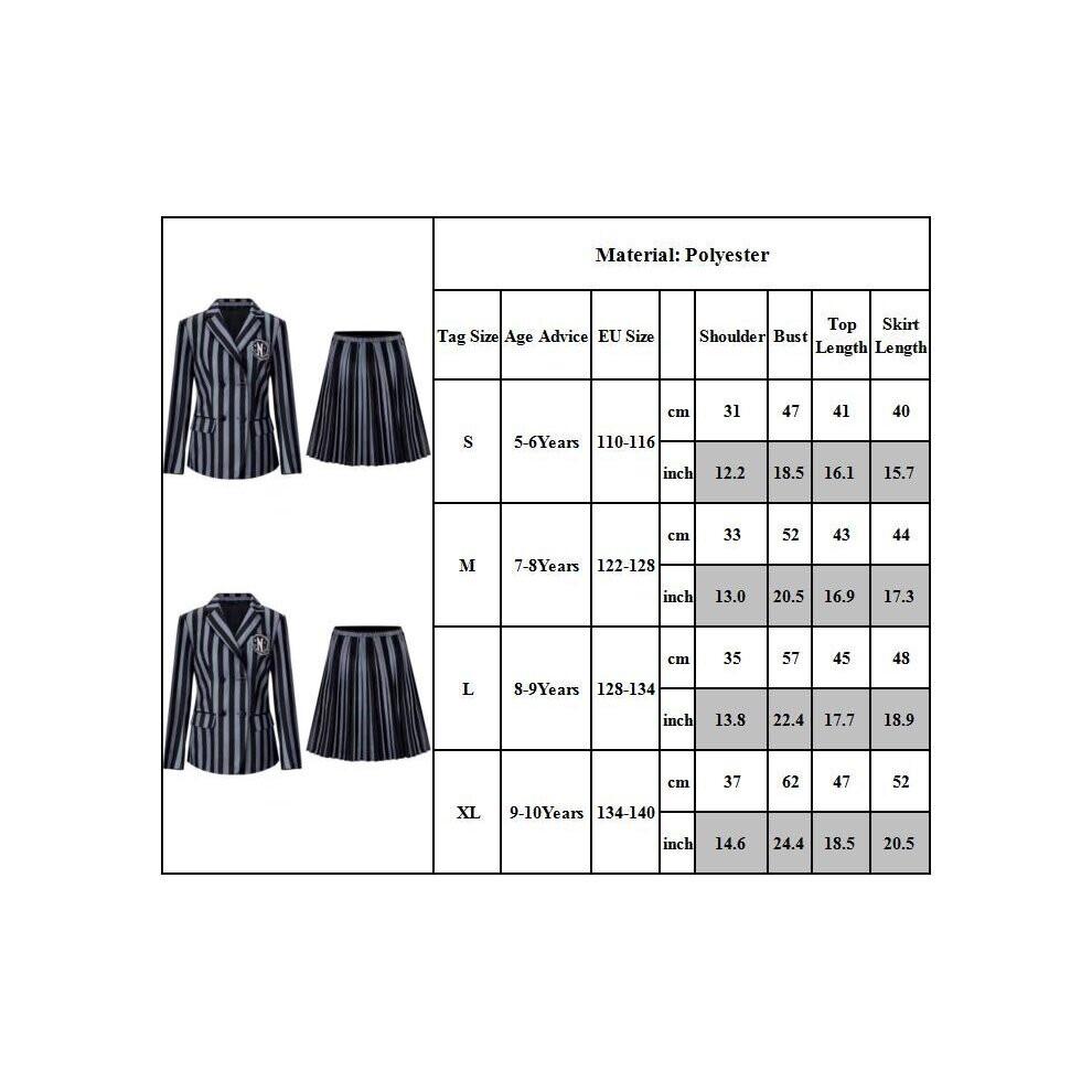 Wednesday Addams Family Costume Set for Girls Striped School Uniform Set Jacket, Skirt, Wig Set Halloween Costume