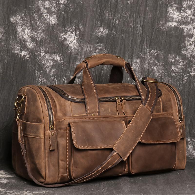 Retro Brown Men'S Hand Luggage Bag Crazy Horse Leather Large Capacity Travel Bag Business Weekend One Shoulder Messenger Bag